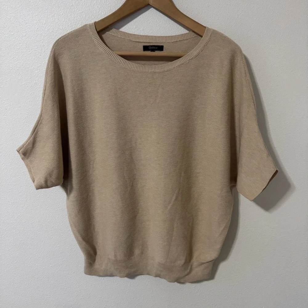 Quince Lightweight Cotton Cashmere Link-Stitch Dolman Sweater Heather Oatmeal-M - Picture 2 of 8